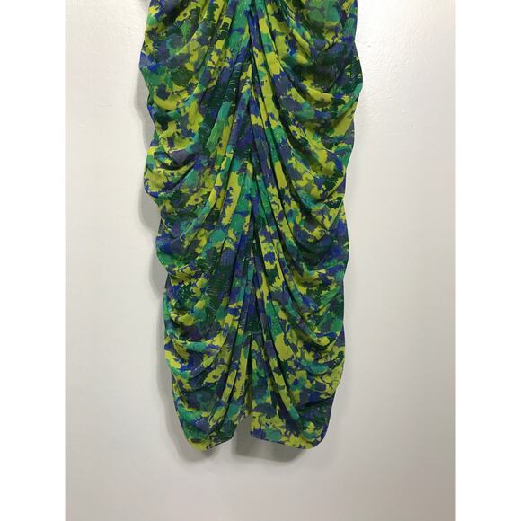 GANNI Ruched Mesh Dress Sulphur Spring Green Yellow Floral Midi 38 Wedding Guest - Picture 9 of 14